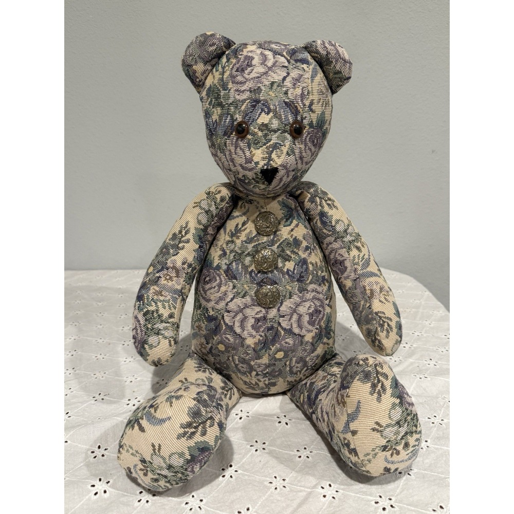 Vintage Floral Tapestry Stuffed‎ Teddy Bear Celestial Buttons 80's Grandmacore